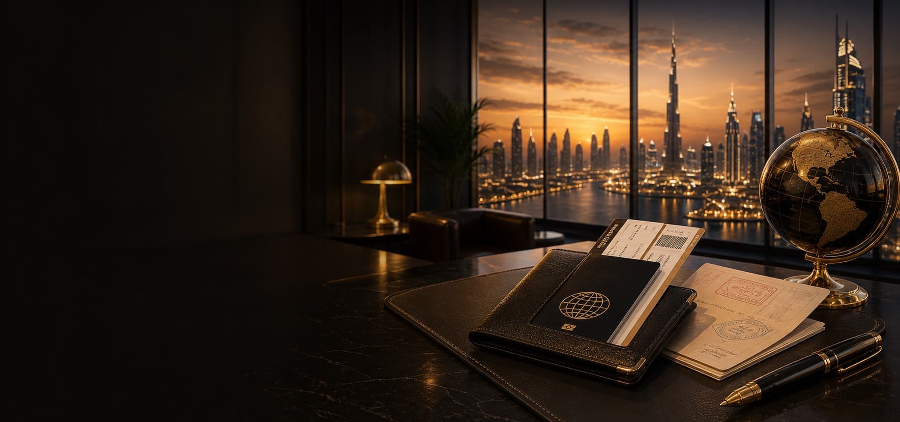 Passport, documents and a golden globe on a consultant's desk